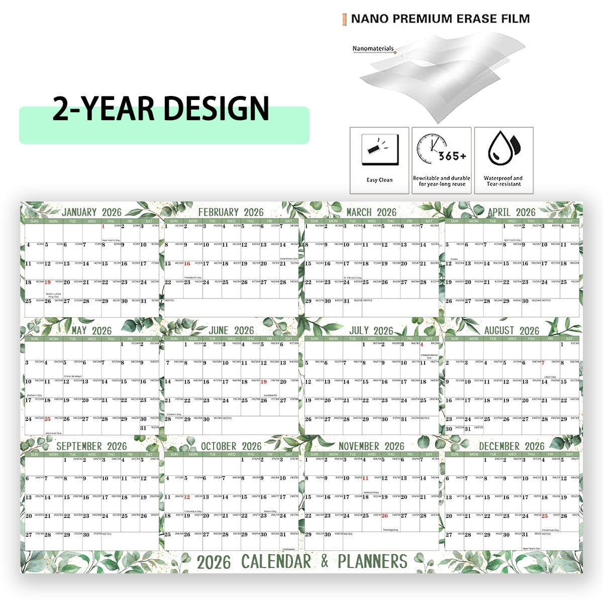 Calendrier Mural Annuel 2026 - Format 43x58 Cm - Avec Autocollants Et Ruban Adhésif - Planning Familial Ou Bureau - 7