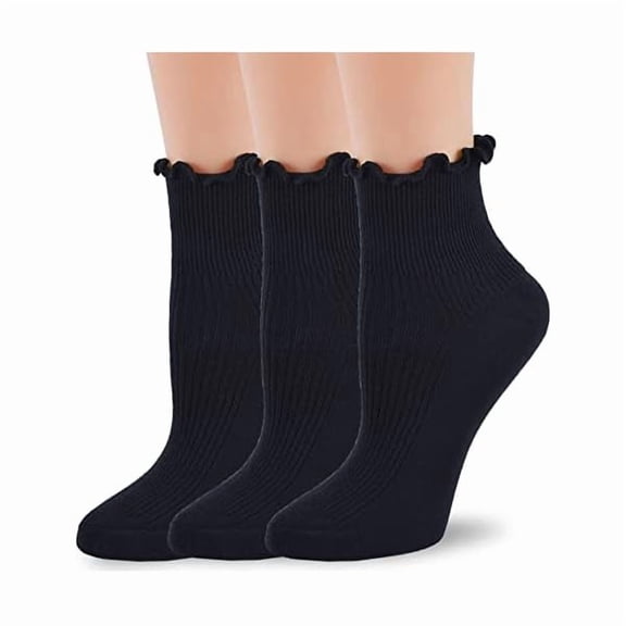 Eryueer Women Ruffle Crew Socks Lightweight Thin Stripe Turn-Cuff Cute Girls Cotton Socks 3 Pairs