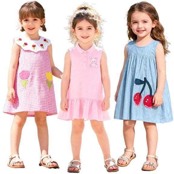 Bellafa Toddler Girls Sleeveless Lapel Neck Summer Dress Princess Ruffle A-Line Cotton Sundress Kids Casual Polo Dresses 2-7 Years