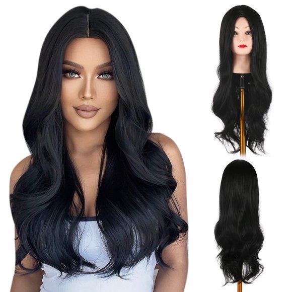 Women's 75cm Long Curly Black Wig, LC345-1, High Temperature Synthetic Fiber, No Bangs, Breathable Elastic Cap with Adjustment Straps, All-Day Comfort, Perfect for Parties/Cosplay/Holidays, Easy Care