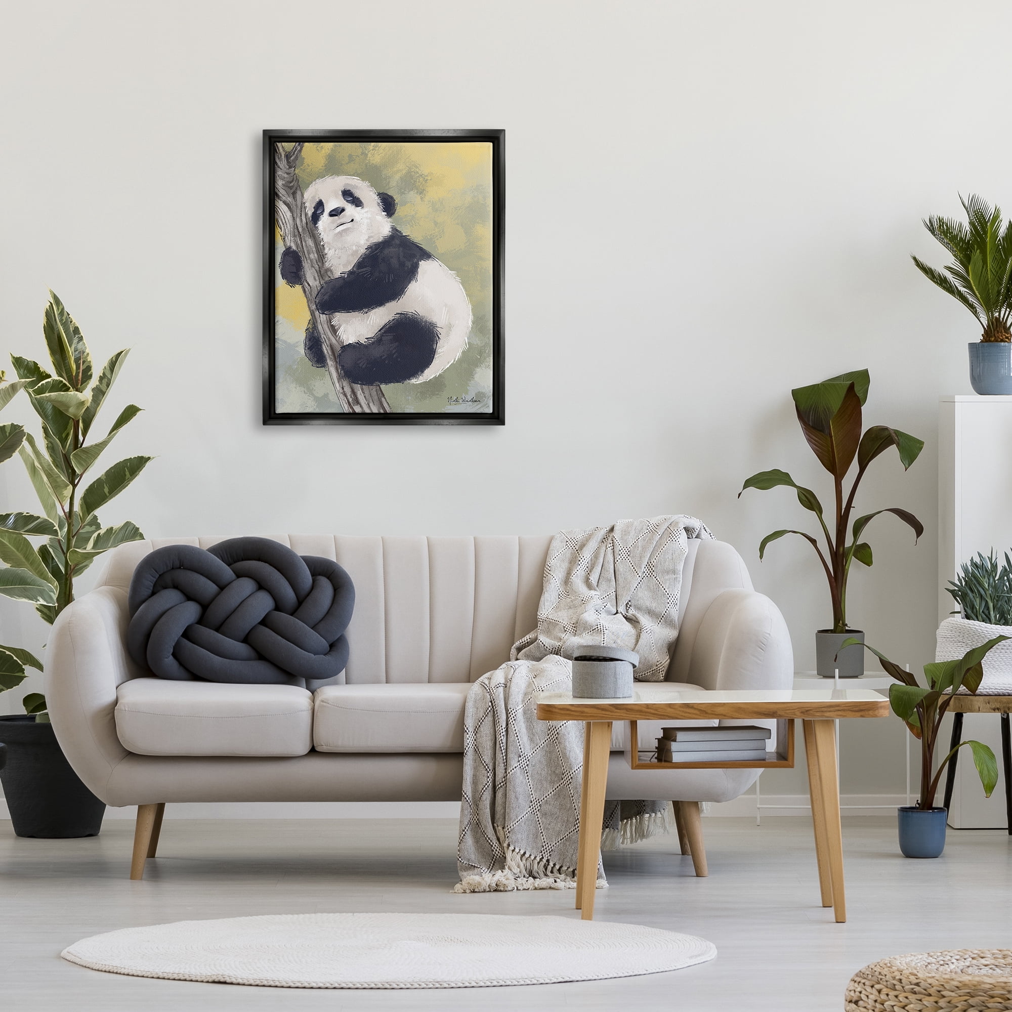 Stupell Industries Panda Cub on Branch Animals & Insects Painting Black Floater Framed Art Print Wall Art, 25 x 31