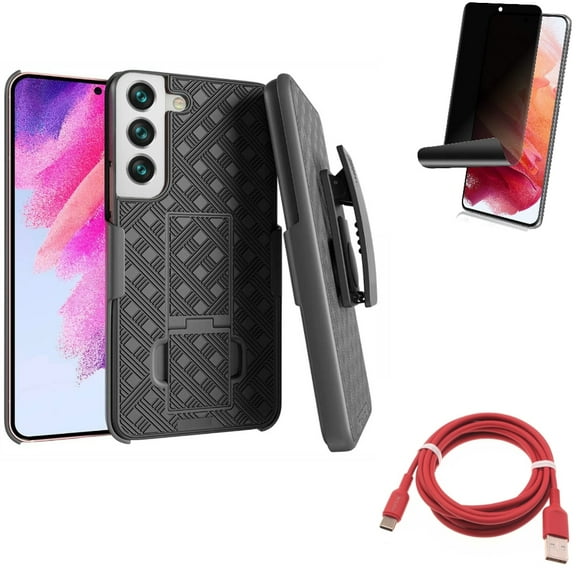 Privacy Screen Protector & 6ft USB-C Cable & Case Belt Clip for Samsung Galaxy S22 (6.1") - TPU Film Fingerprint Works & Red Charger Cord & Holster Swivel Accessory Bundle