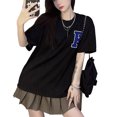 thumbnail image 2 of Las mujeres de manga corta Top cuello redondo carta bordado elegante versátil suelta verano media manga camiseta, 2 of 8