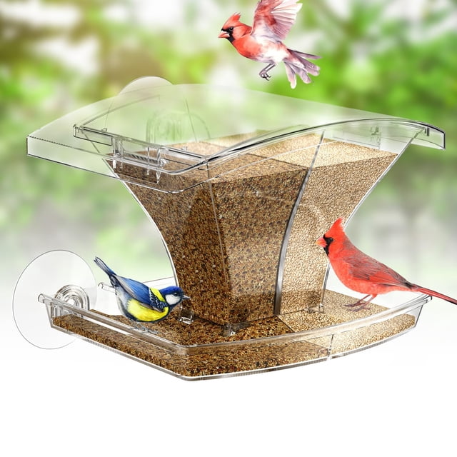 Comedero para Pájaros de Ventana KRUOO con Almacenamiento Impermeable de Semillas de 500 mL