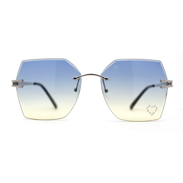 Womens Rhinestone Heart Lens Bling Rimless Butterfly Chic Sunglasses Silver Blue Yellow
