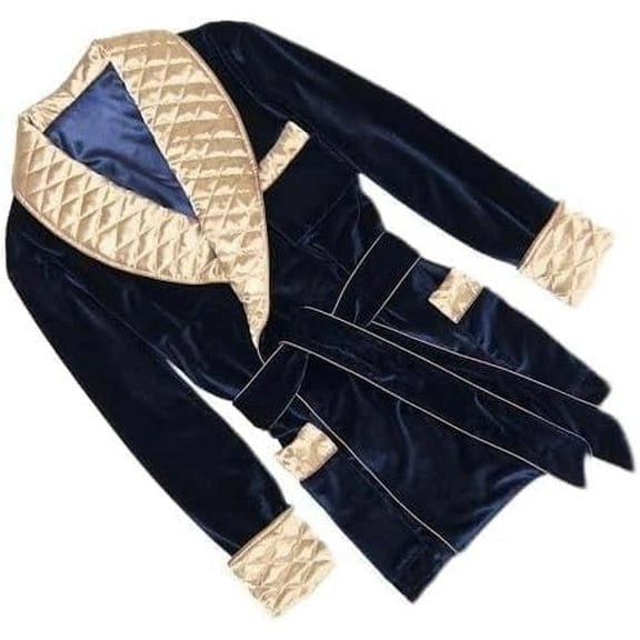 THE FAM STUDIO Men's Smoking Jacket Dinner Silk Warm Quilted Golden Lapel Party Wear Cigar Robe XX`XX