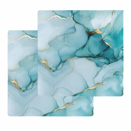 Marble Teal Dish Towels Set Waffle Weave Kitchen Towels 2 Pieces Golden Ink Painting Abstract Modern Microfiber Hair Face Bath Tea Towel Absorbent Quick Drying Cleaning Dish Cloths 12 x12