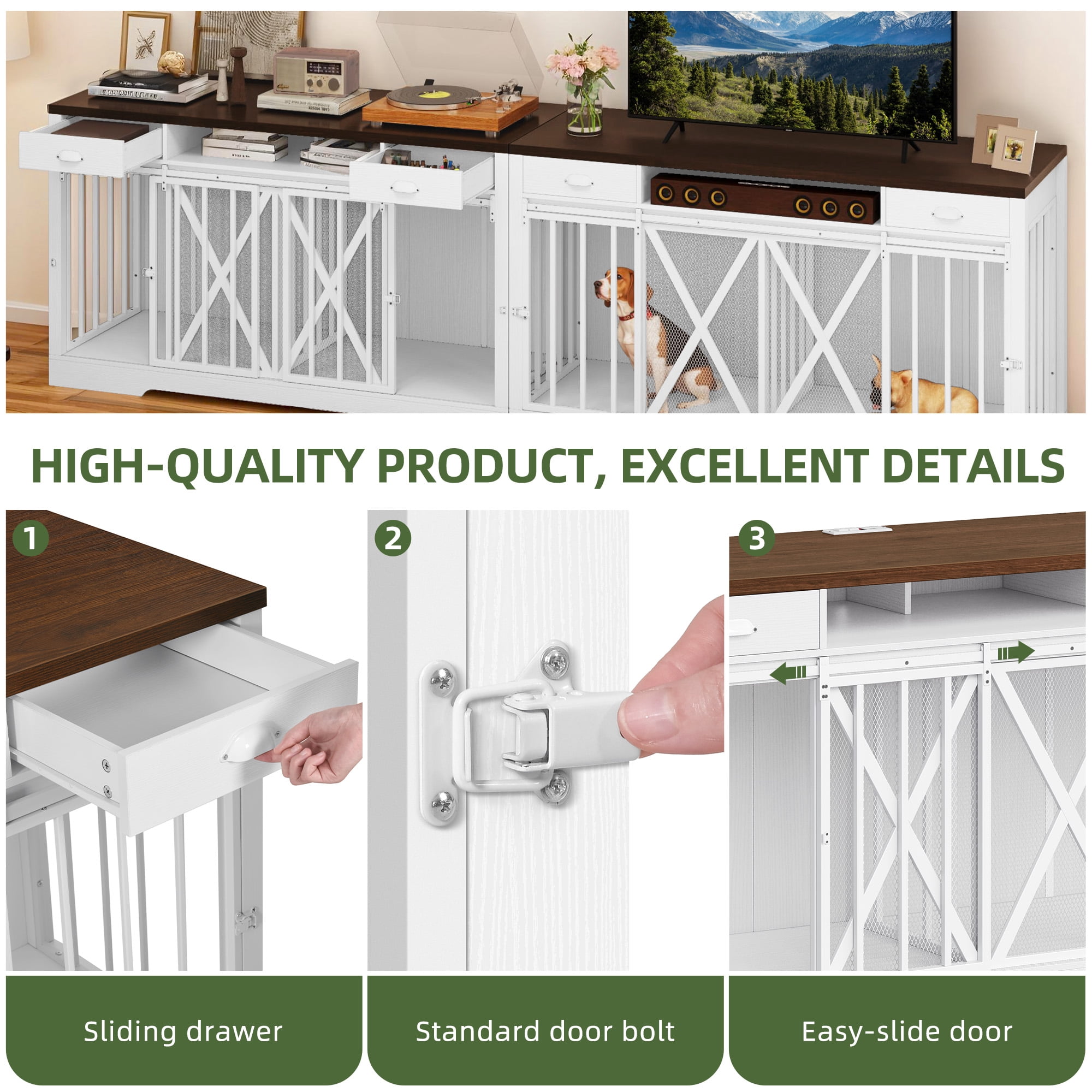 Uforic 63" Dog Crate Furniture with 2 Drawers,TV Stand with Charging Station 63" Large Wooden Indoor Dog Kennel - White