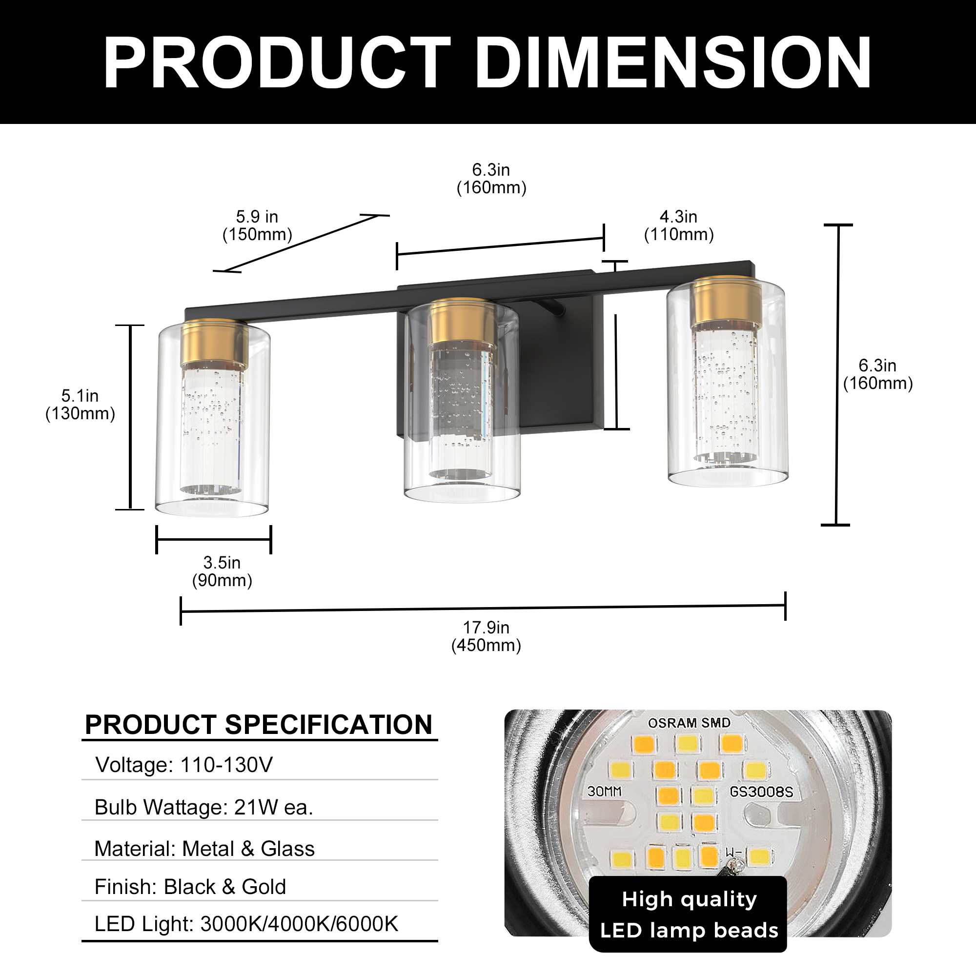 YANSUN 18 in 3-Light Black and Gold LED Bathroom Vanity Light, Warm to Cool Lighting with Clear Glass for Mirror, for Bathrooms, Powder Rooms, or Vanity Nooks