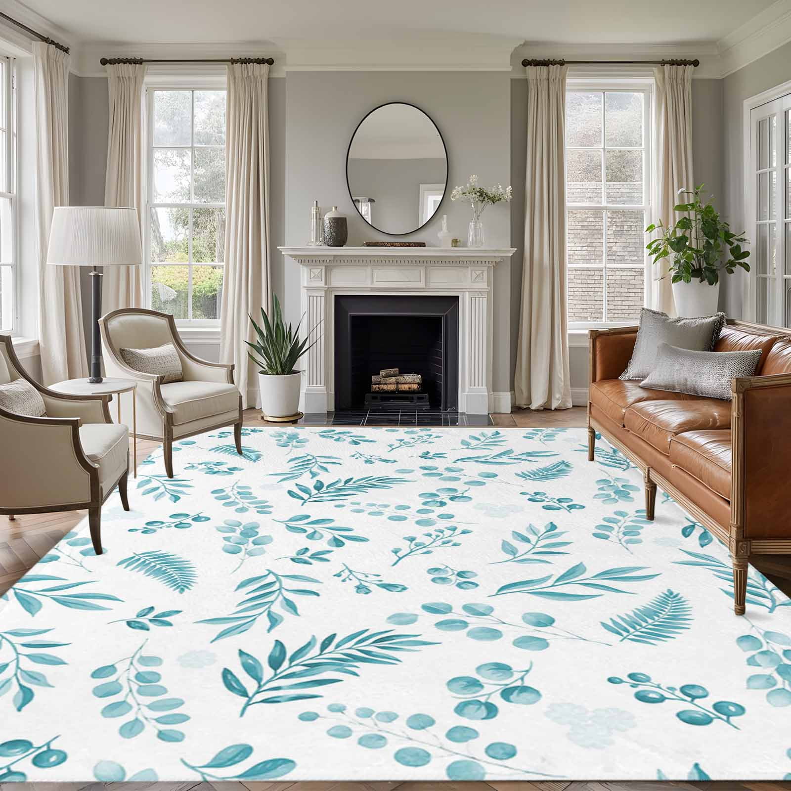 Abstract Leaf Washable Living Room Rugs 5 x7 Blue Leaves Spring Plant Pastoral Style Farm Low Pile Throw Large Area Rugs Non-Slip Sturdy Edge Binding Carpet for Dining Room Bedside Kitchen
