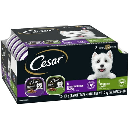 (6 pack) Cesar Loaf In Sauce Beef And Chicken Flavors Adult Wet Dog Food Variety Pack, 3.5 Oz Trays, 12 Ct.