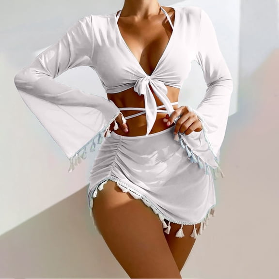 Njoeus 4 Piece Swimsuit for Women Bikini Push-Up Bras Panty Swimwear Casual Cover Up Skirt Bathing Suit Long Sleeve Open Coverup Tops Beachwear Set