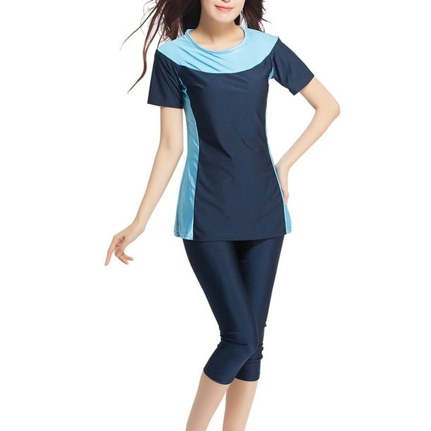 Swimsuit Women Swimsuit Set Split Bathing Suits Short Sleeves Swimwear for Outdoor Swimming Pool Dark Blue S