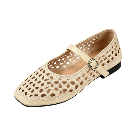 CIENVNSTG Woven Mesh Round Toe Hollow Out Ballet Flats for Women Buckle Strap Dress Casual Flat Shoes for Daily Outdoor and Summer Wear Beige 36