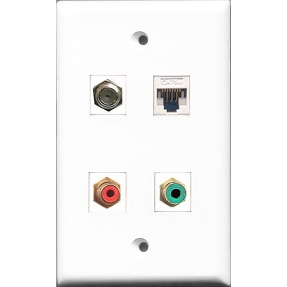 RiteAV 1 Port RCA Red and 1 Port RCA Green and 1 Port Coax Cable TV- F-Type and 1 Port Cat5e Ethernet White Wall Plate