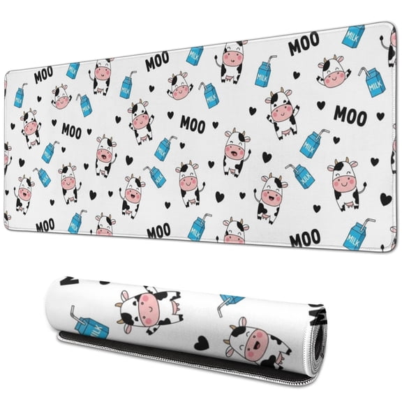 Long Mouse Pads for Desk,White Cow Milk Pattern Desk Mats on Top Of Desks, Desk Mouse Pad Extra Large with 3mm Non-Slip Base and Stitched Edge for Gaming,Office,Work,Home 31.5"x11.8"
