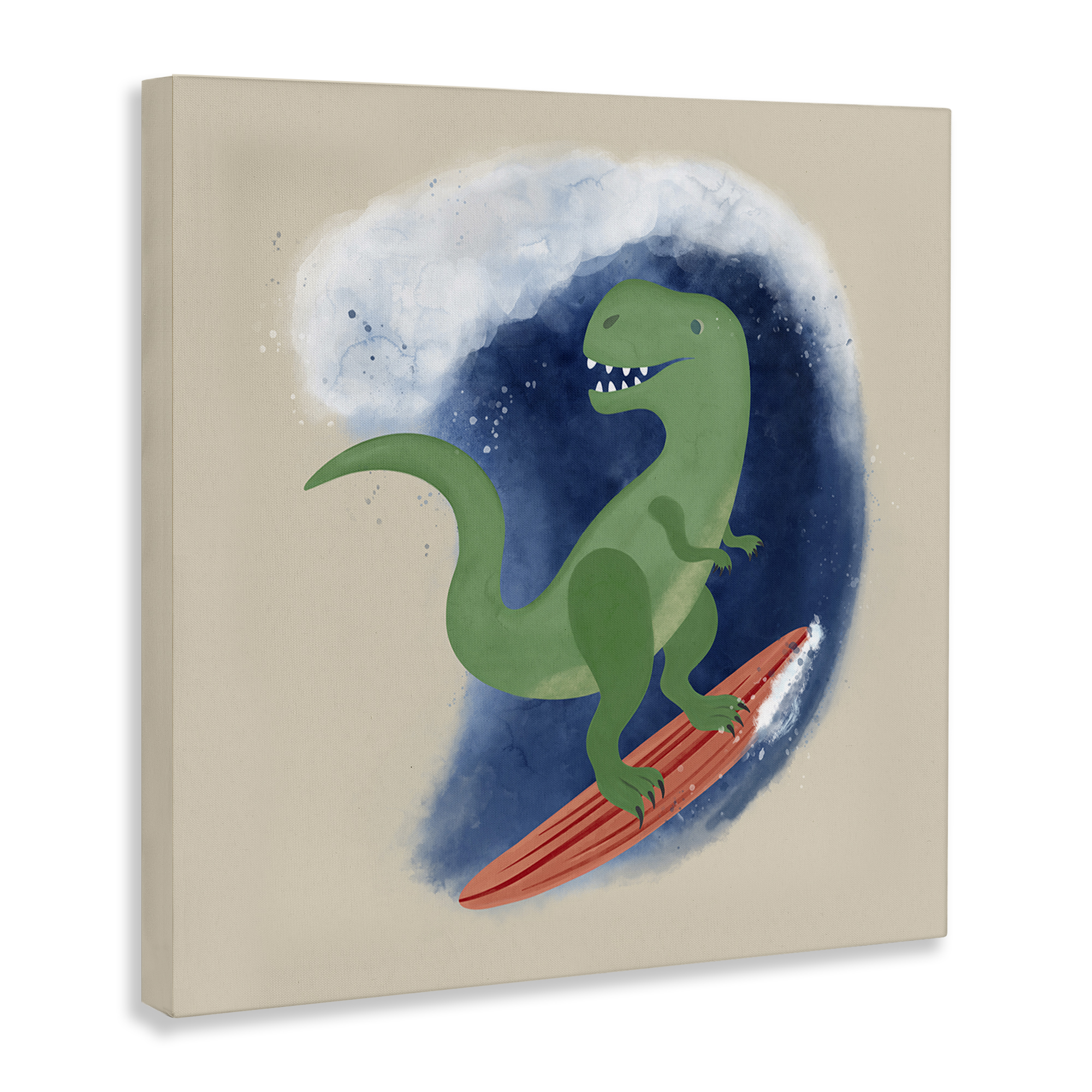 Stupell Industries Surfing Dino T-Rex Novelty & Humor Painting Wrapped Canvas Art Print Wall Art, 17 x 17
