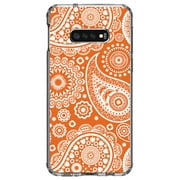 DistinctInk Clear Shockproof Hybrid Case for Samsung Galaxy S10e (5.8" Screen) - TPU Bumper, Acrylic Back, Tempered Glass Screen Protector - Orange White Paisley