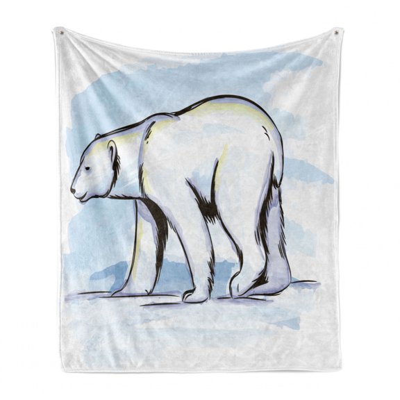 North Pole Soft Flannel Fleece Throw Blanket, Hand Drawn Pencil Sketch of Bear Side Shot, Cozy Plush for Indoor and Outdoor Use, 60" x 80", Pale Blue Ivory, by Ambesonne