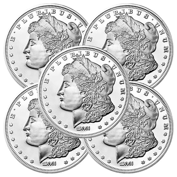 Collectible Lot of 5 - 1 Troy oz Sunshine Mint Morgan Design .999 Fine Silver Round Mint Mark SI