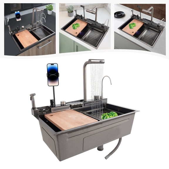 Stainless Steel Digital Display Kitchen Sink with Faucet, Undermount Sink for Household