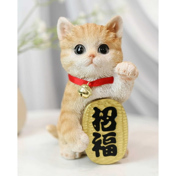 Japanese Luck And Fortune Charm Beckoning Orange Tabby Cat Maneki Neko Figurine