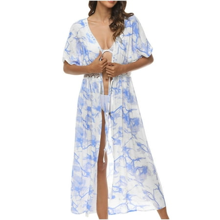 Xysaqa Women s Beach Swimsuit Cover Up Open Front Long Flowy Kimono Cardigan Tie Waist Loose Bikini Coverup Boho Beachwear Maxi Dress Bathing Suit