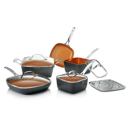 

Pots and Pans Set 10 Piece Square Design with Ultra Nonstick Ceramic Coating Includes Skillets Sauce Pan Stock Pot Stainless Steel Steamer Dishwasher Safe Graphite