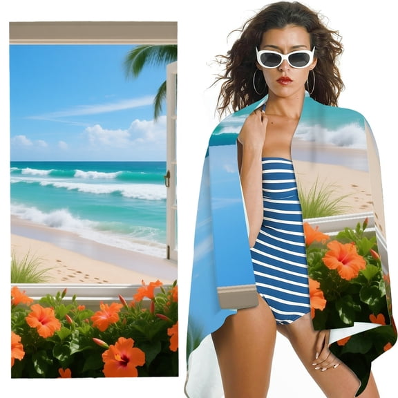 RKSupls Blue Ocean With Seaside Blooming Wildflower Oversized Microfiber Beach Towel, Ultra-Soft Microfiber for Bathroom,Beach, Soft Super Absorbent- 30x60 in