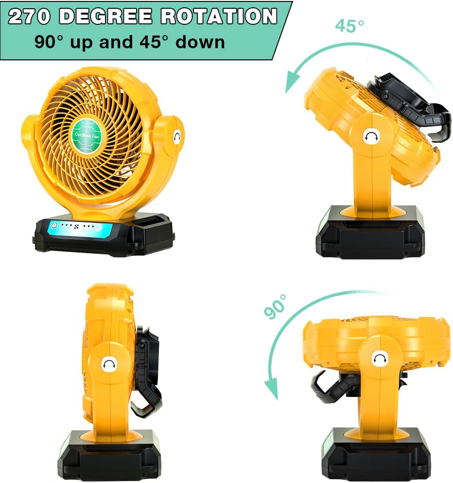 for Dewalt 20V Fan, Cordless Work Fan Powered by Dewalt 20V Max Battery/AC Cord, Quiet Brushless Fan, 3500CFM Outdoor Jobsite Fan with 3 Speeds, 4H Timer, Hanging Hook for Camping, Garage