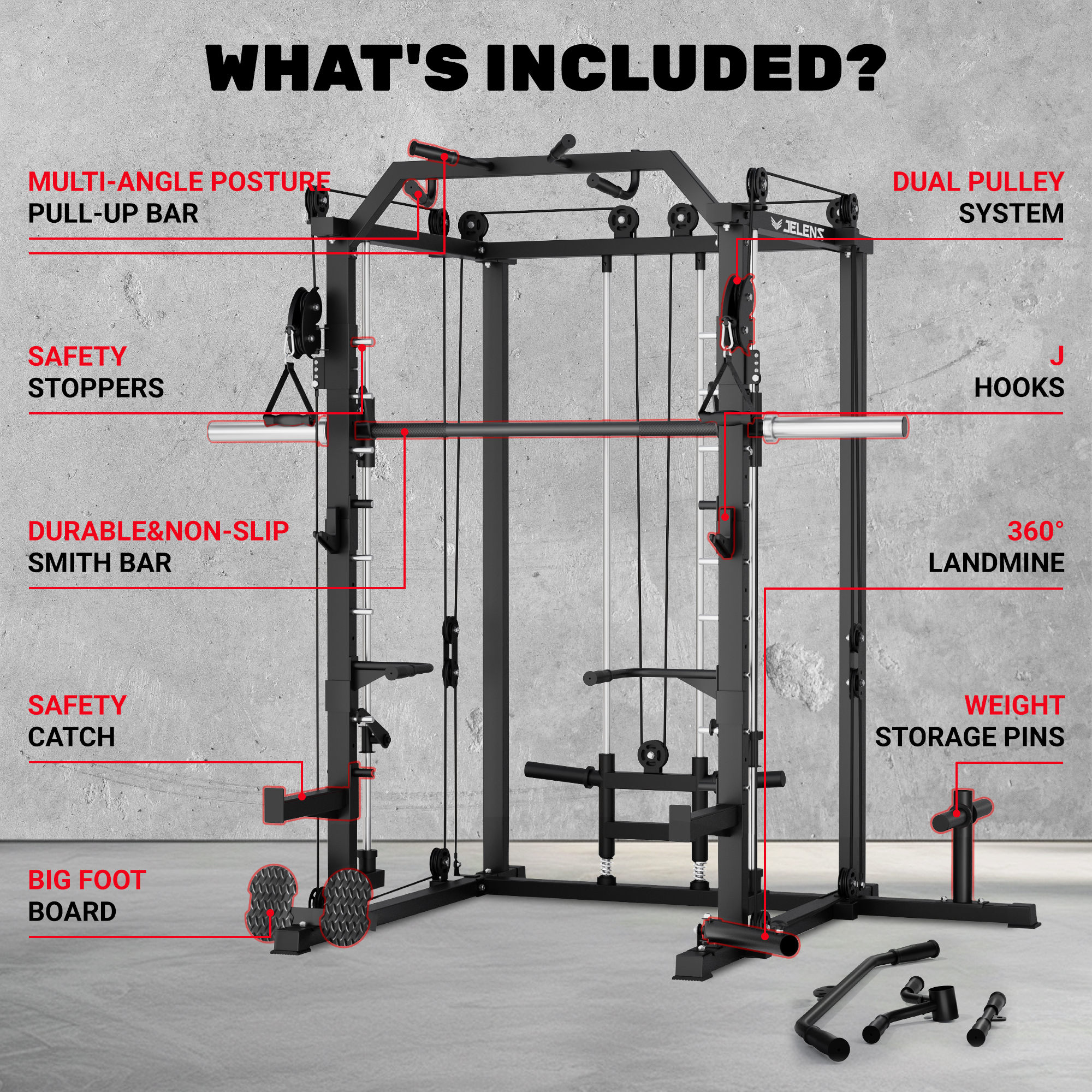 JELENS Smith Machine, 2000LBS M11 Multi-Function Squat Rack Power Cage with Cable Crossover System and Smith Bar, All-in-One LAT Pull-Down Machine for Home Gym