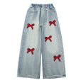 thumbnail image 2 of RUTAYY Girls Wide Leg Jeans Bow Embroidery Elastic Waist Denim Pants with Pockets Casual Daily Street Wear Blue, 2 of 8