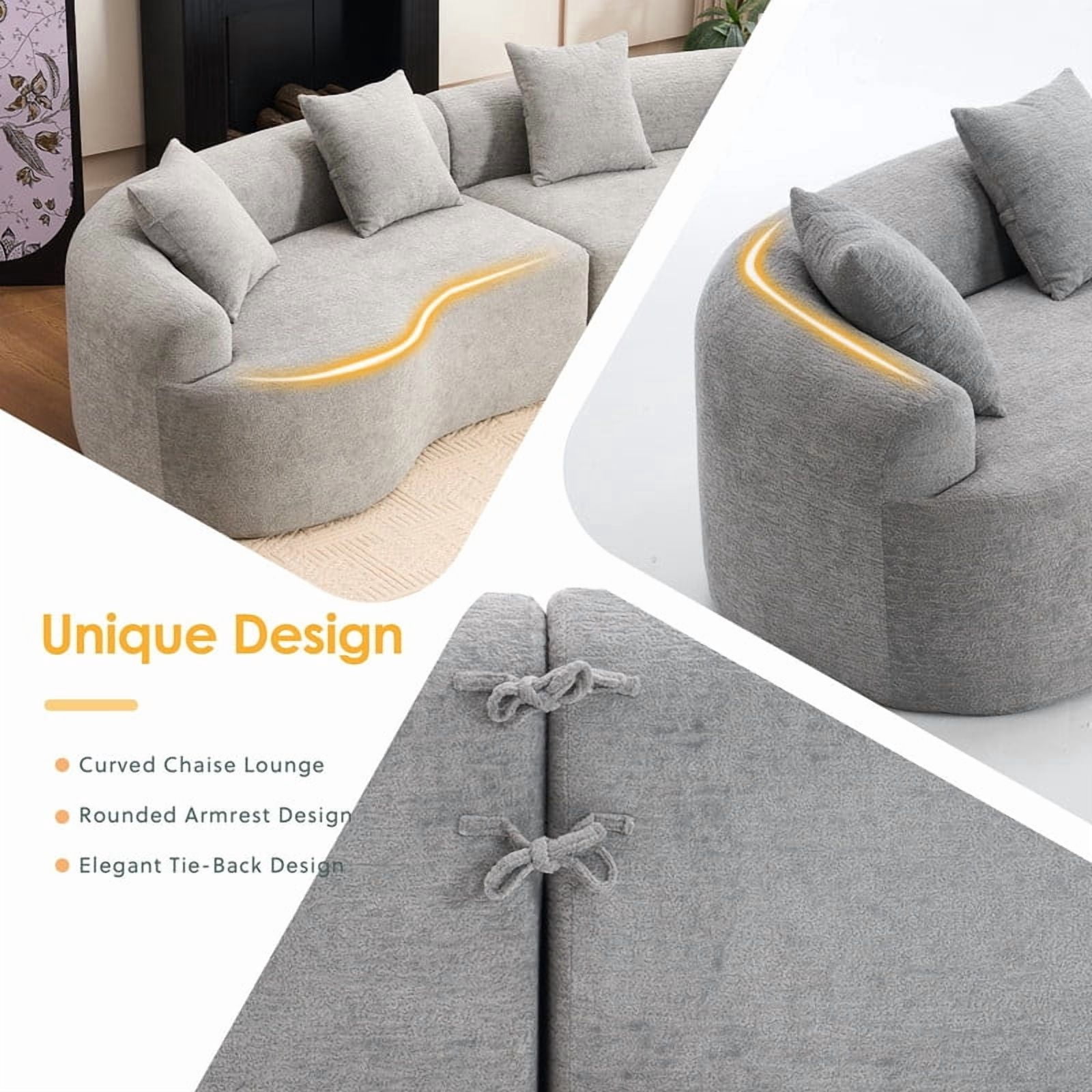 Curved Sectional Sofa with 4 Throw Pillows, Modern Luxury Chenille 4-Seater Cloud Couch with Deep Seat for Living Room, No Assembly Needed
