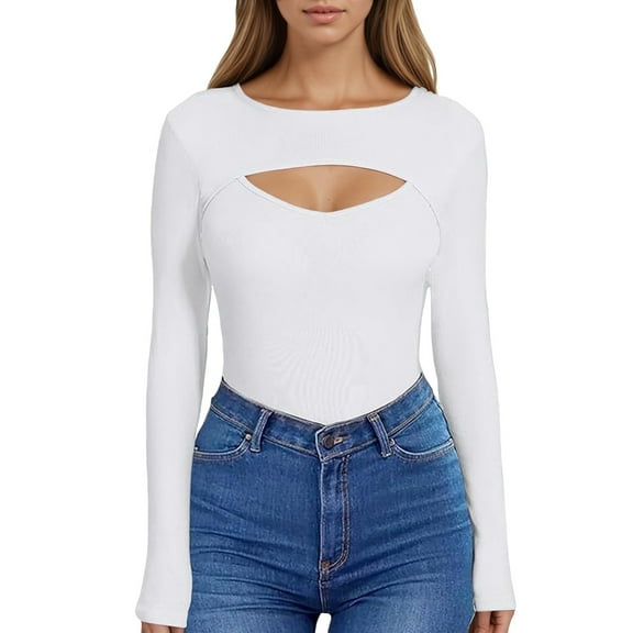 Gyexs Cute Long Sleeve Tops for Women Round Neck Ribbed Knit Fitted T-Shirts Open Chest Design for Going Out Tee White, Size M
