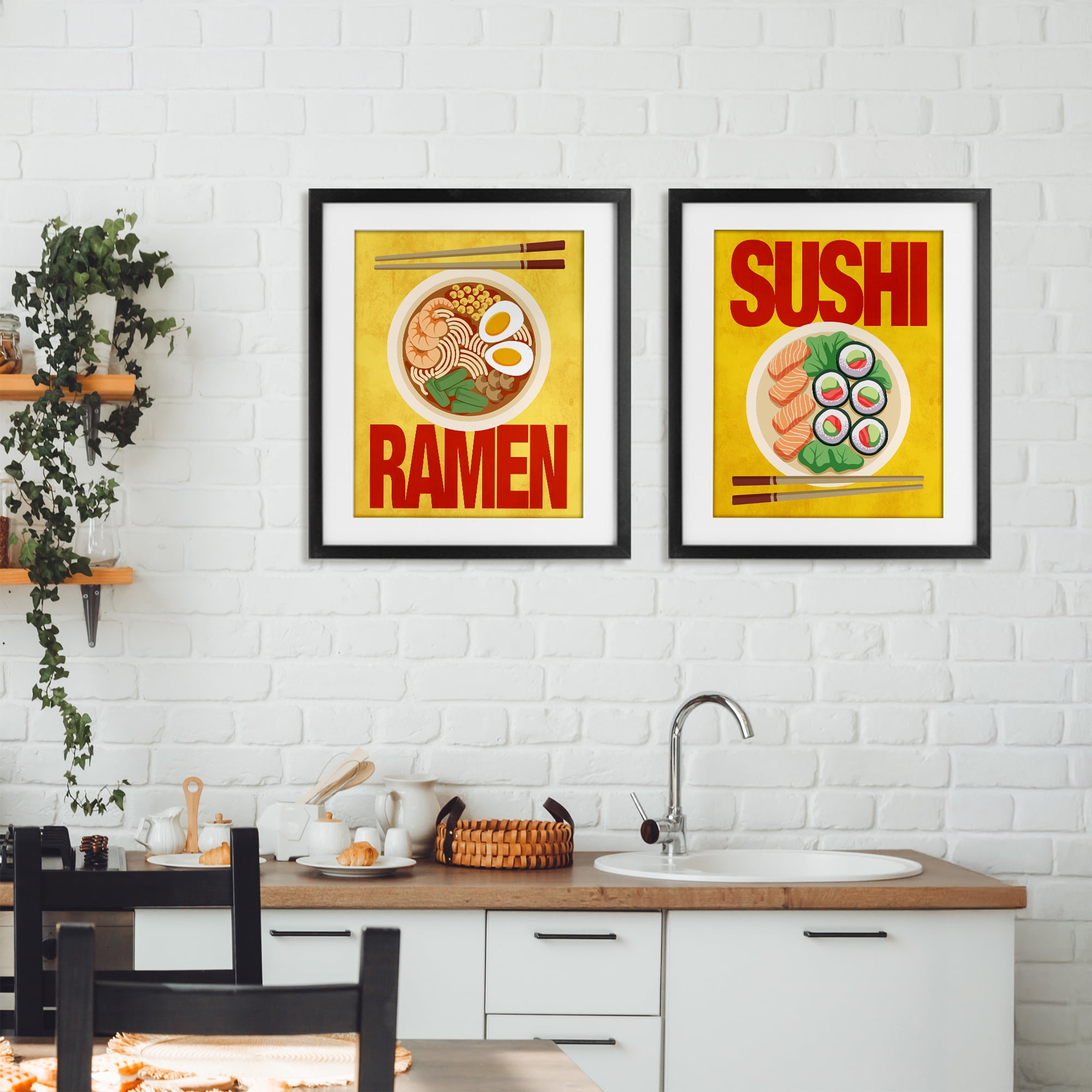 Stupell Industries Ramen & Sushi Japanese Cuisine 2 Piece Black Framed Print Under Glass Set, design by Marcus Prime