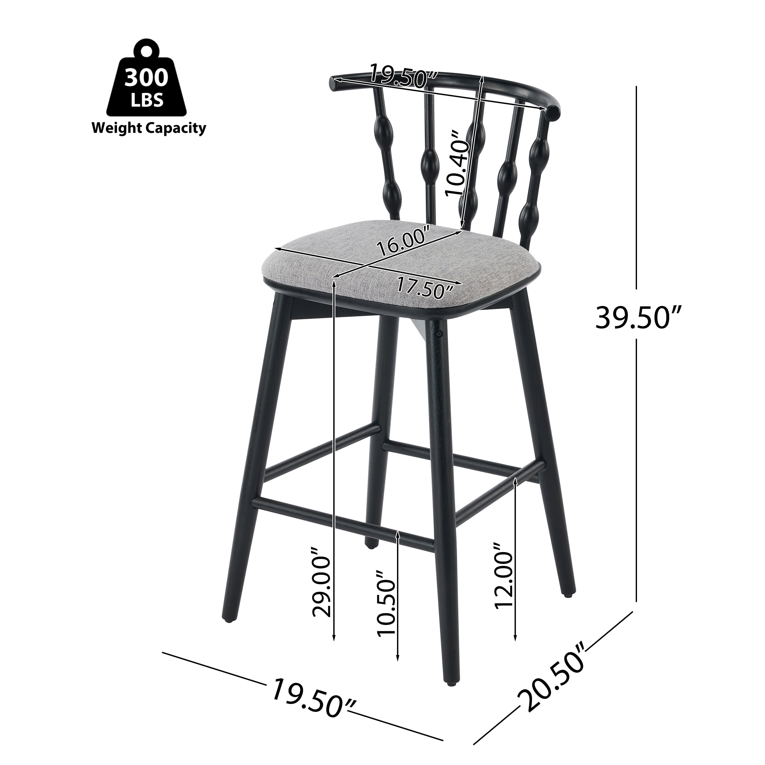 Indoor Barstool Set of 2, Black Rubberwood Frame with Grey Fabric Upholstery for Kitchen Counter Home Bar