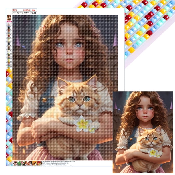 Con Cuentas Cuadradas 5D DIY Niña Gatito Del 45x60cm