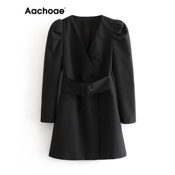 Aachoae Women Puff Long Sleeve Black Mini Dress Autumn V Neck Bandage High Street Lady Dresses A Line Chic Fashion Ropa Mujer zhangmengya LED