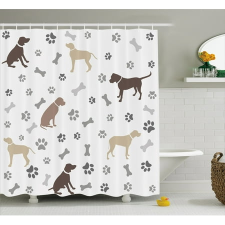 Dog Lover Shower Curtain Paw Print Bones And Silhouettes Dog Lover Shower Curtain Paw Print Bones And Silhouettes American Foxhound Breed Playful Pattern