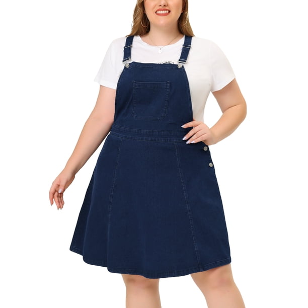 Women's Plus Size Jeans Suspender Skirt Patch Pocket Side Button Adjustable Strap Denim Overall Dress Dark Blue 1X