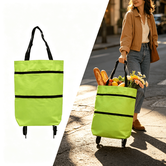 2-in-1 Foldable Shopping Cart 2027 New Portable Shopping Bag on Wheels | Reusable Waterproof Trolley Collapsible Grocery Shopping Tote Bag Cart with Wheels for Supermarket Laundry Travel(Green)