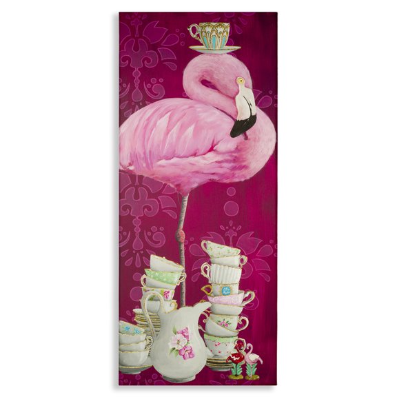 Stupell Industries Tropical Flamingo with Antique Teacups Canvas Art, 10 x 24, by Heather Gauthier