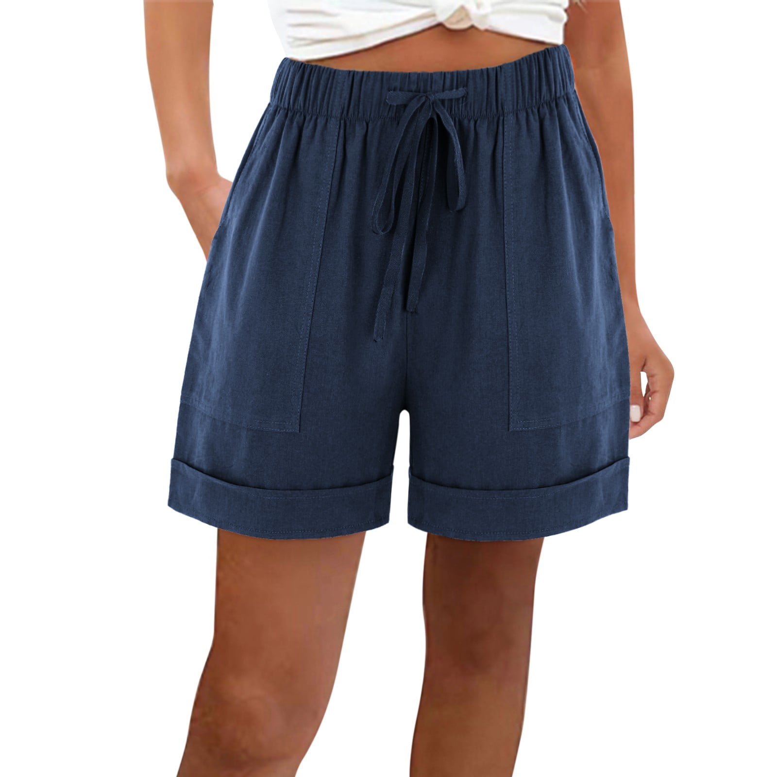 JWZUY Women s Cotton Linen Wide Leg Shorts Casual Drawstring Elastic Waist Cotton Knee Length Bermuda Shorts with Pocket Navy S