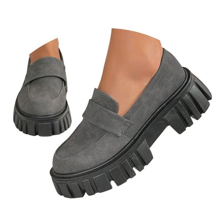 Dakaela Women s Platform Loafers Chunky Heeled Business Casual Shoes Formal Slip on Flats Grey 7