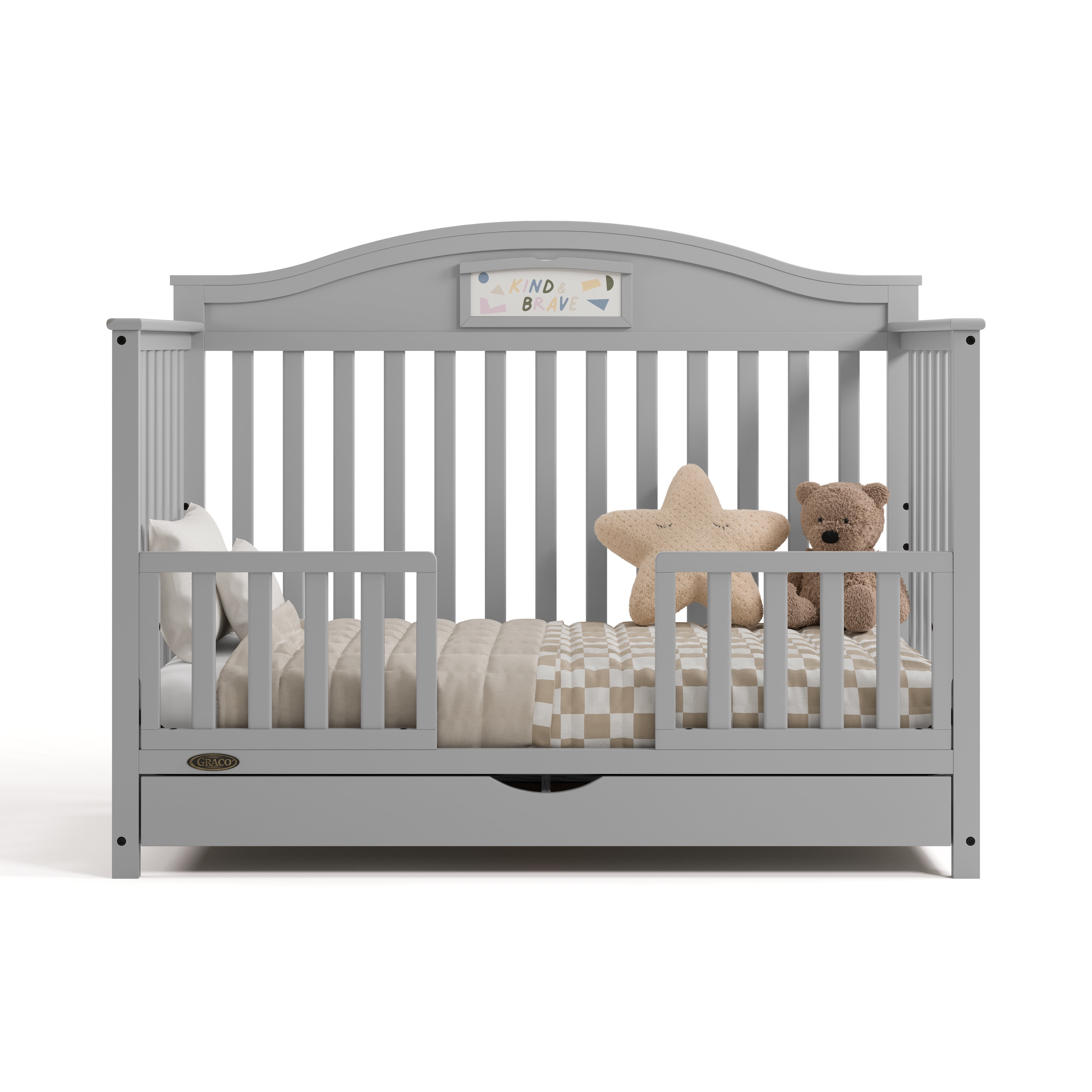 Graco Story 5-in-1 Convertible Baby Crib with Drawer and Reversible Headboard, Pebble Gray