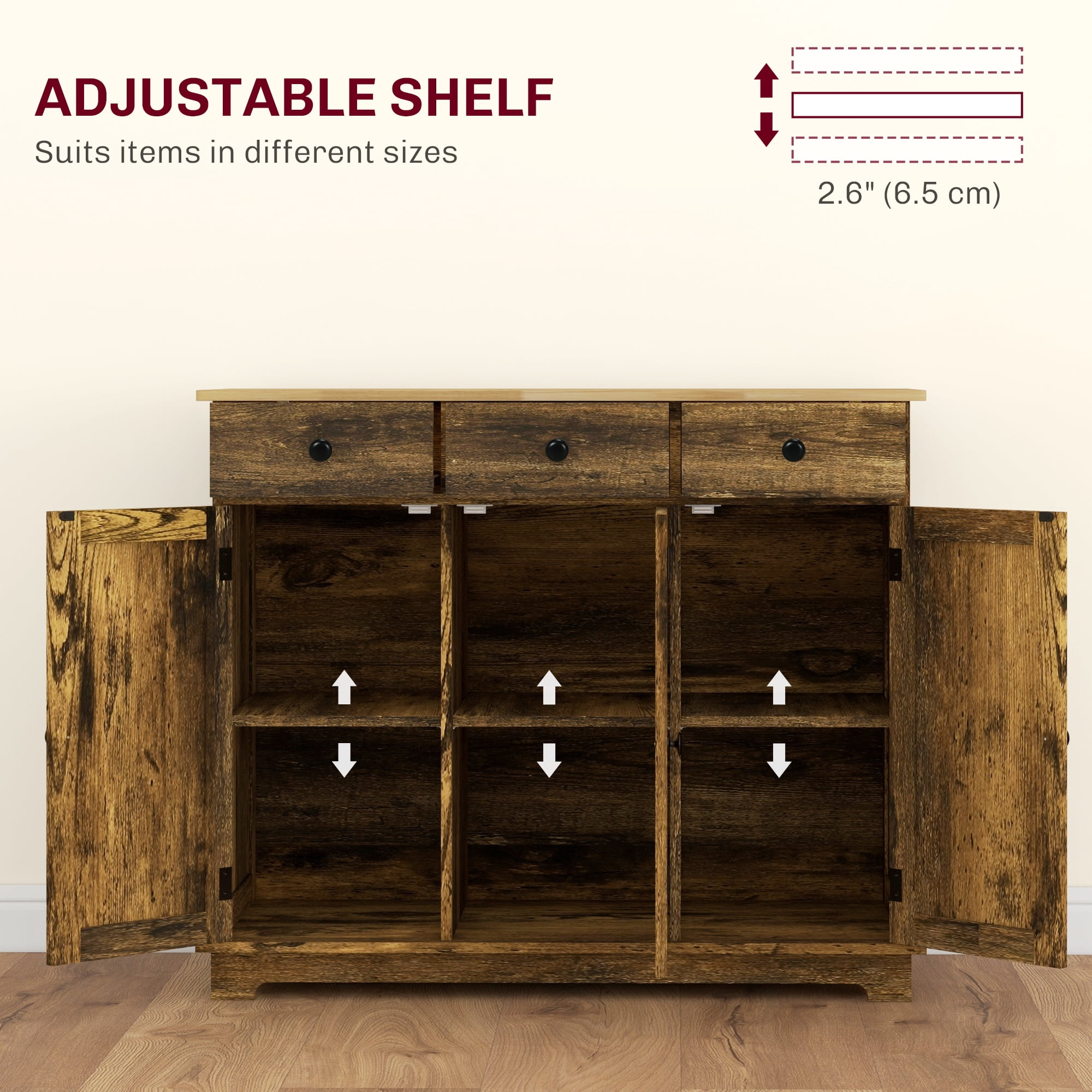 HOQBN Sideboard Buffet Cabinet, Storage Cabinet with Rubberwood Top and Adjustable Shelves, Multipurpose Storage Furniture for Dining Room and Kitchen Rustic Brown