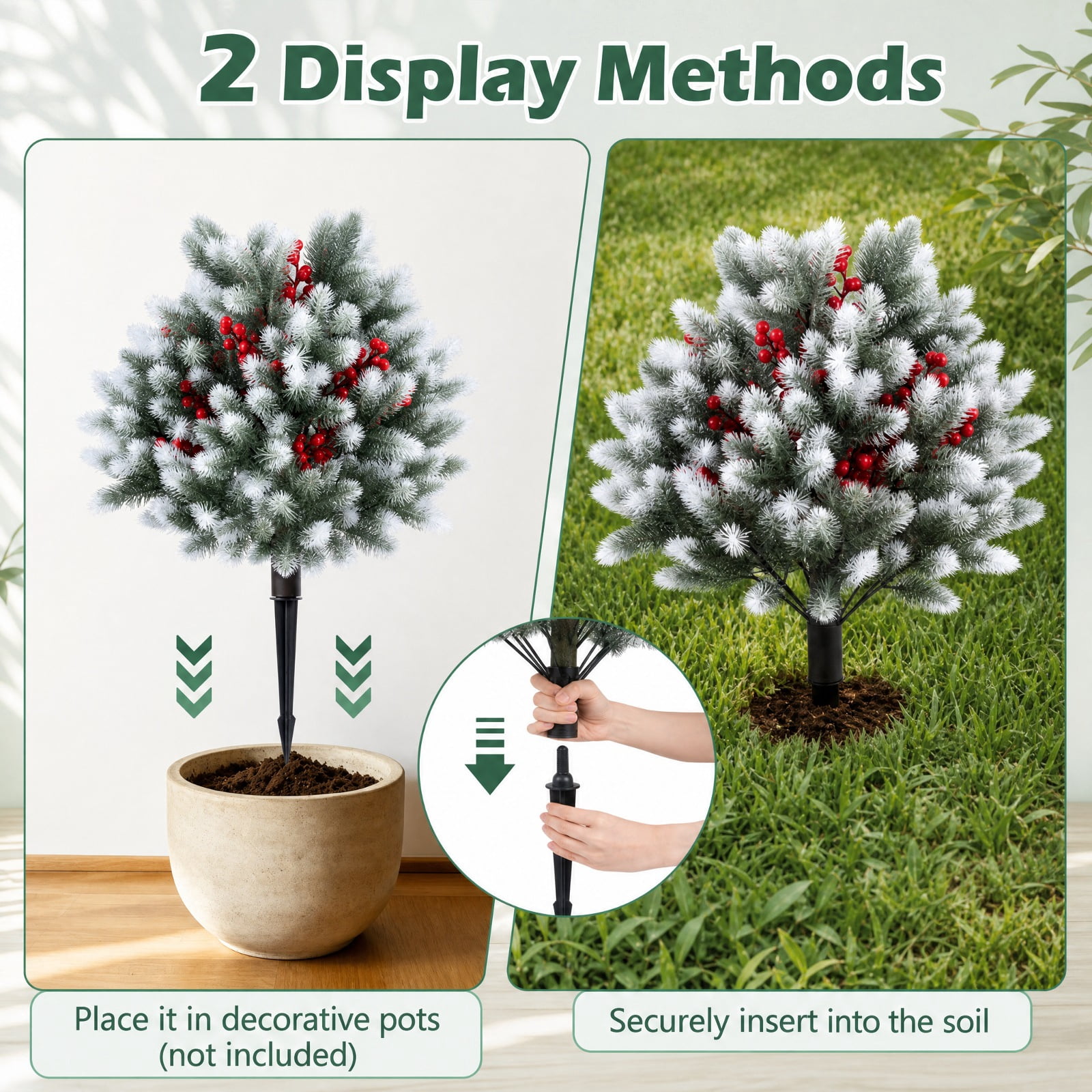 Vebreda Artificial Plant Decor, Set of 2 Artificial Cedar Topiary with Ground Spikes for Porch Patio Winter Decoration, Exquisite Craftsmanship