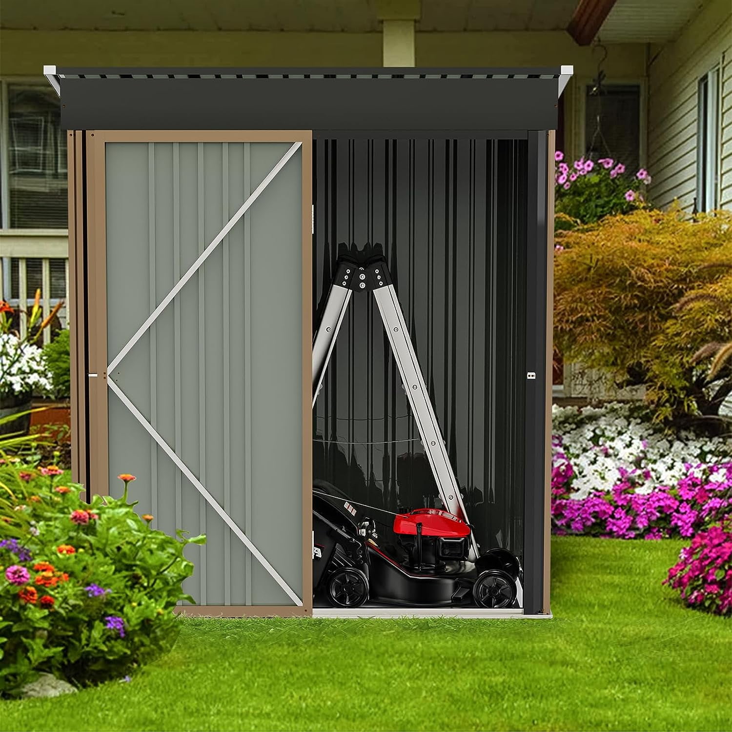 PUKAMI Outdoor Storage Shed with Floor, 5x3 FT Utility Tool Shed Storage House with Lockable Door, Steel Anti-Corrosion Garden Shed Outdoor Metal Shed for Garden Backyard Patio Lawn