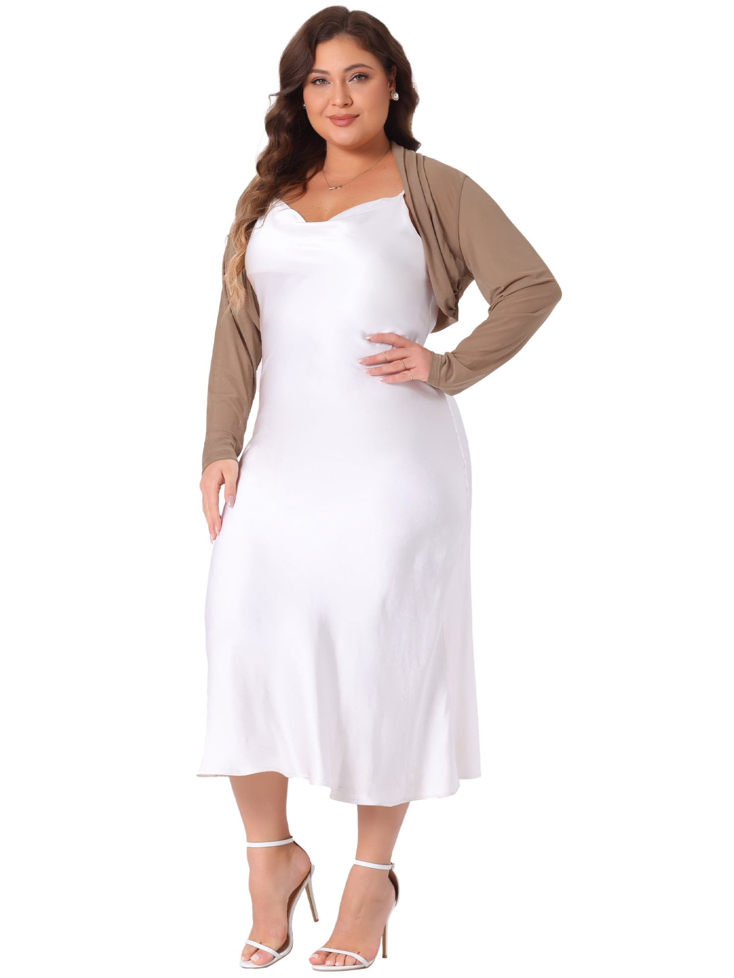 DARING DIVA Women's Plus Size Mesh Crop Long Sleeve Sheer Bolero Shrug Top 3X Dark Khaki