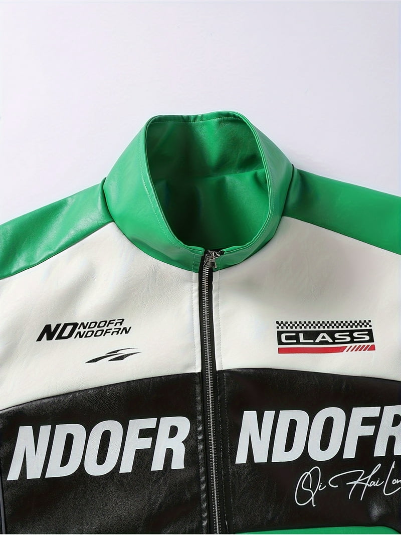 Men's Racing Style Zip Jacket - Green & Black Color-Blocking
